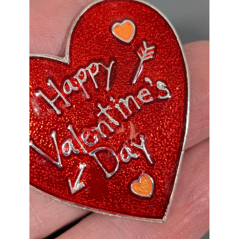 Retro Red‎ Enamel Happy Valentines Day Heart Pin Silver Tone Love